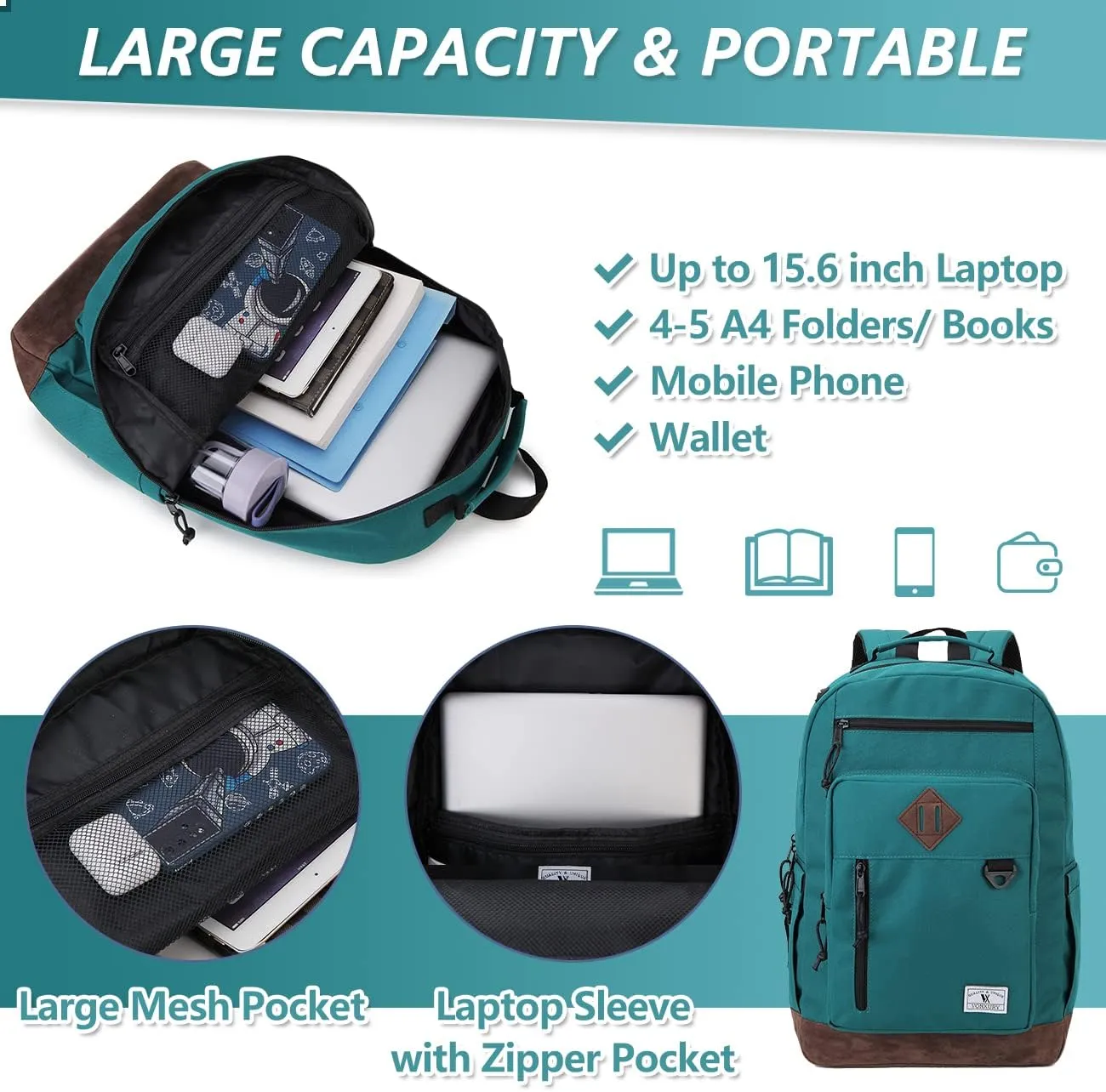 Backpack for Men Women,Vonxury Water-resistant 15.6 Inch Laptop Bookbag for School Work Travel