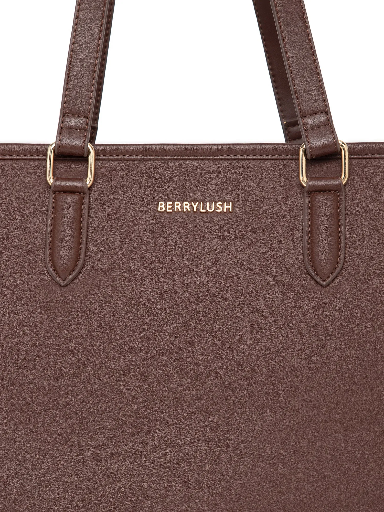 Berrylush Women Solid Brown Synthetic Leather Two-Handles Zipper-Up Embellished Tote Bag