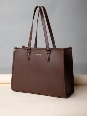 Berrylush Women Solid Brown Synthetic Leather Two-Handles Zipper-Up Embellished Tote Bag