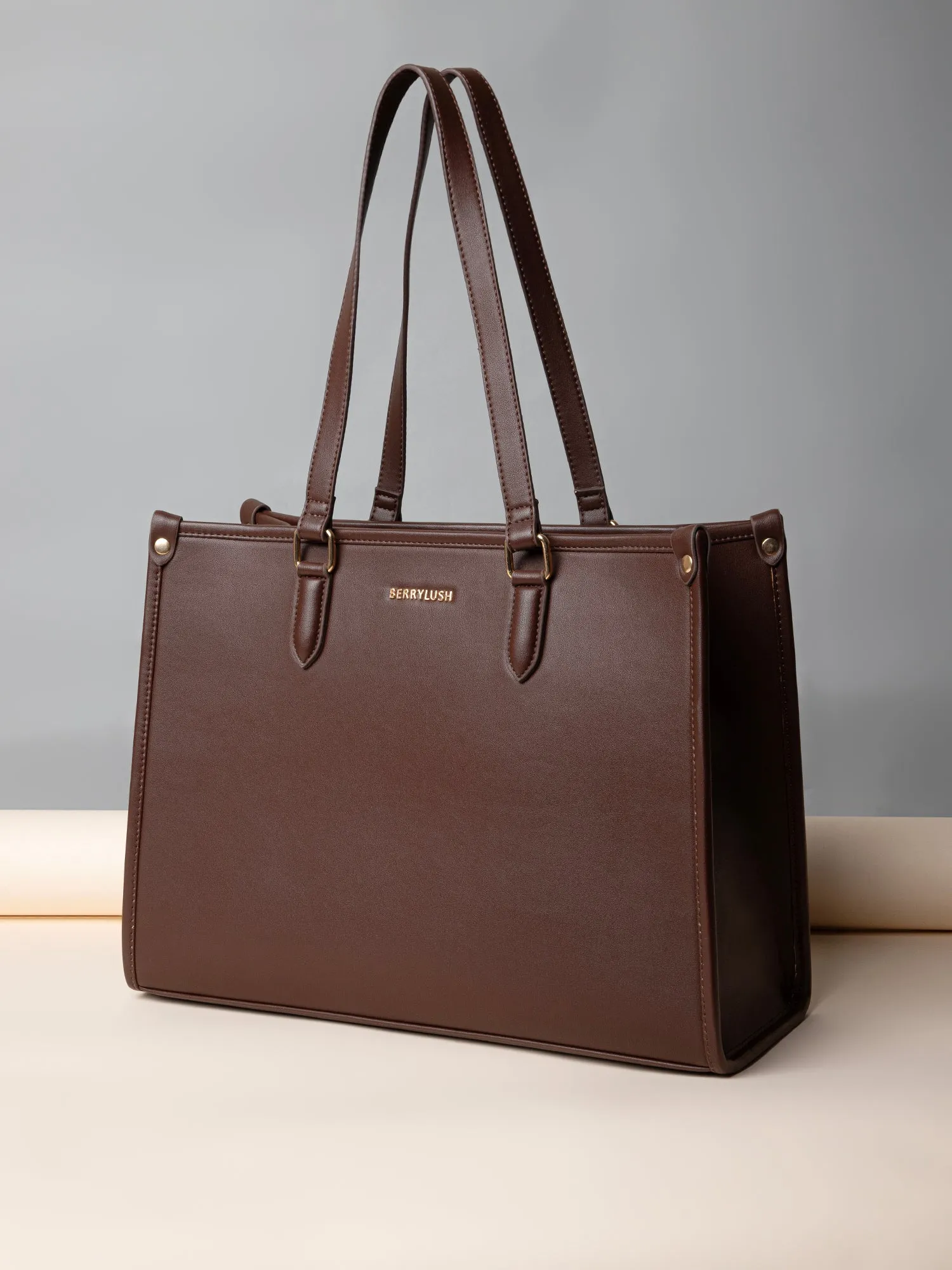 Berrylush Women Solid Brown Synthetic Leather Two-Handles Zipper-Up Embellished Tote Bag