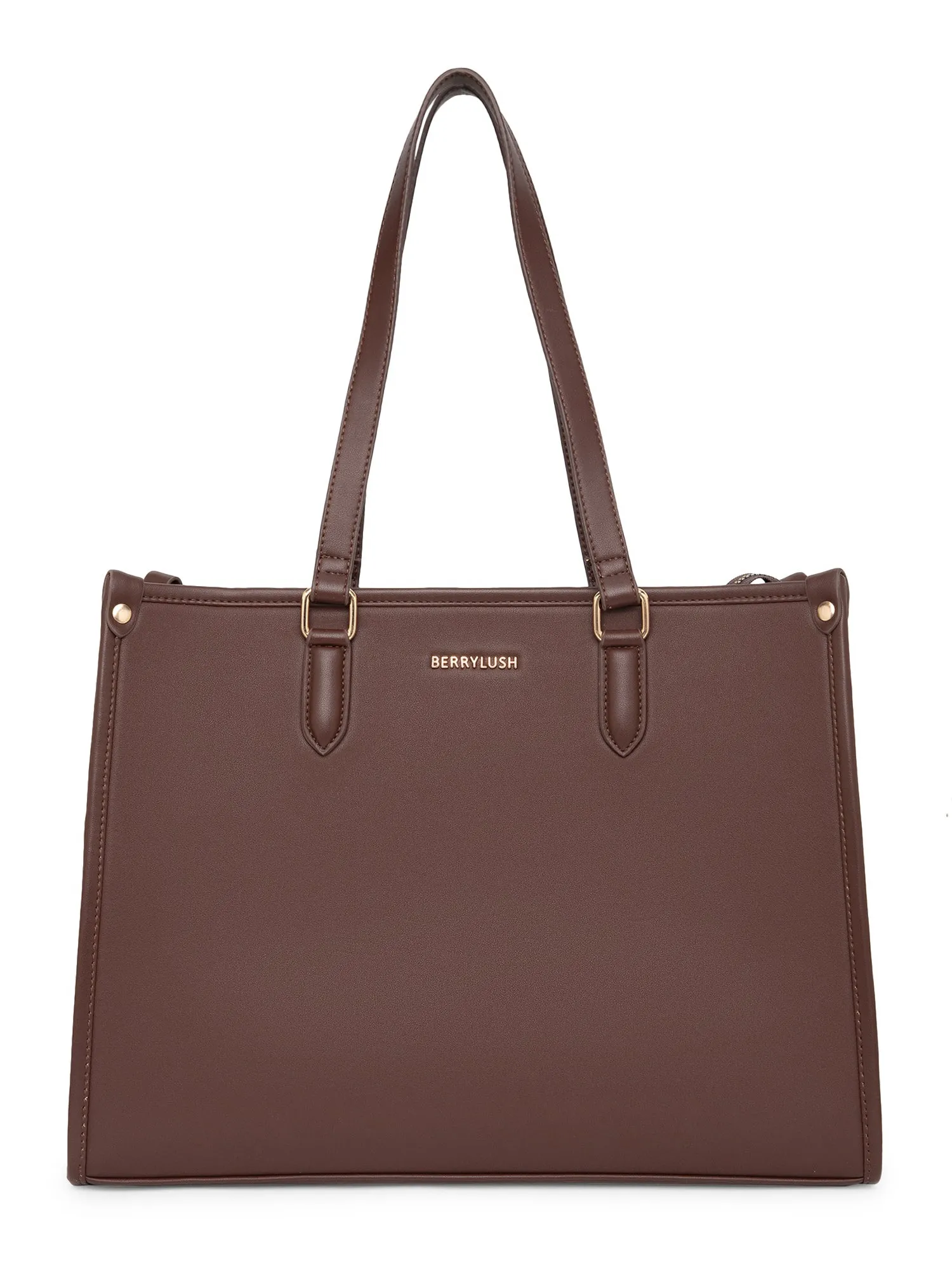 Berrylush Women Solid Brown Synthetic Leather Two-Handles Zipper-Up Embellished Tote Bag