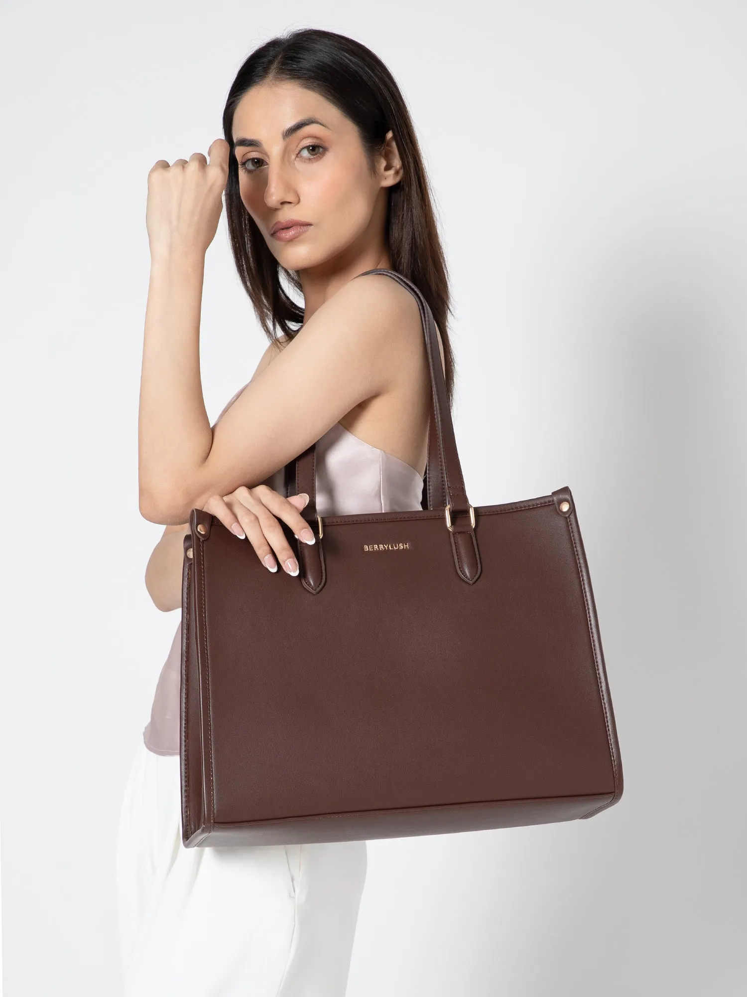 Berrylush Women Solid Brown Synthetic Leather Two-Handles Zipper-Up Embellished Tote Bag