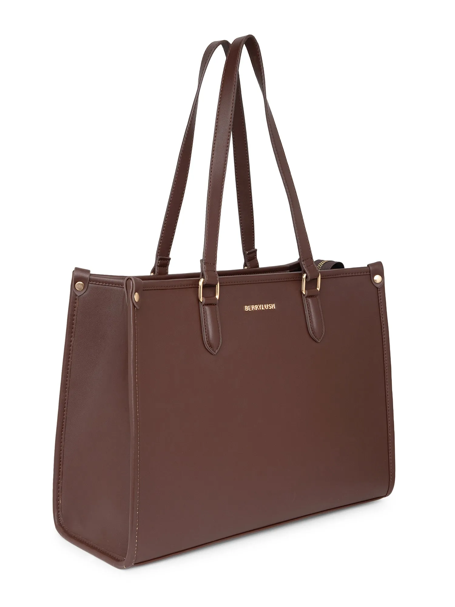 Berrylush Women Solid Brown Synthetic Leather Two-Handles Zipper-Up Embellished Tote Bag