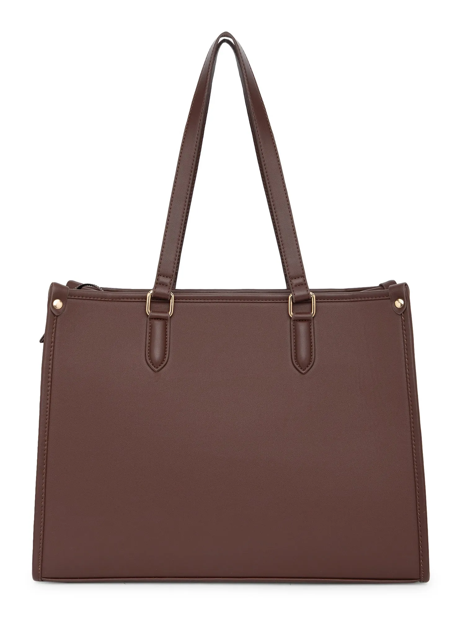 Berrylush Women Solid Brown Synthetic Leather Two-Handles Zipper-Up Embellished Tote Bag