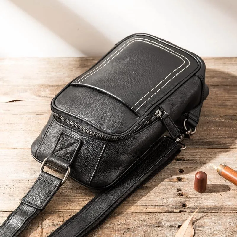 Black Leather Mens Large Sling Bag Chest Bag Sling Pack Black One Shoulder Backpack for Men