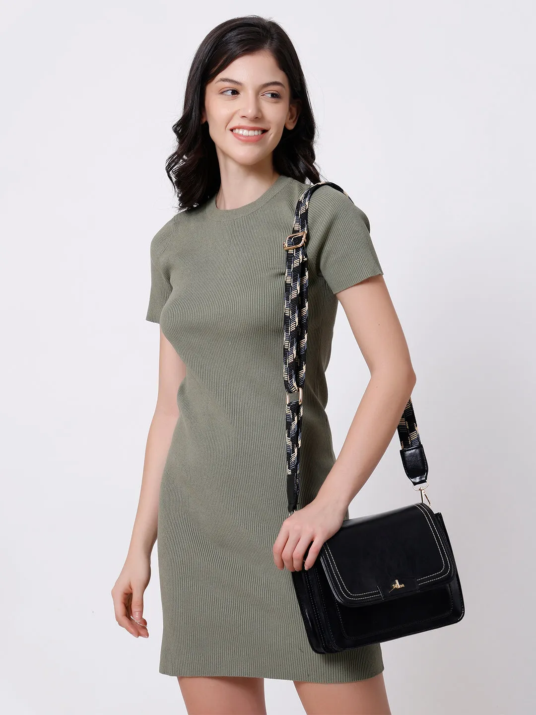 Black Multicompartment Sling Bag For Women
