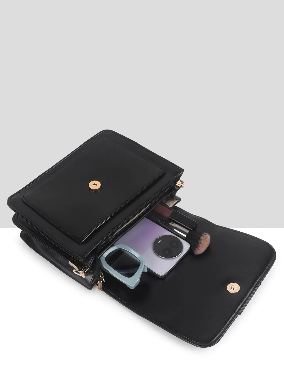 Black Multicompartment Sling Bag For Women