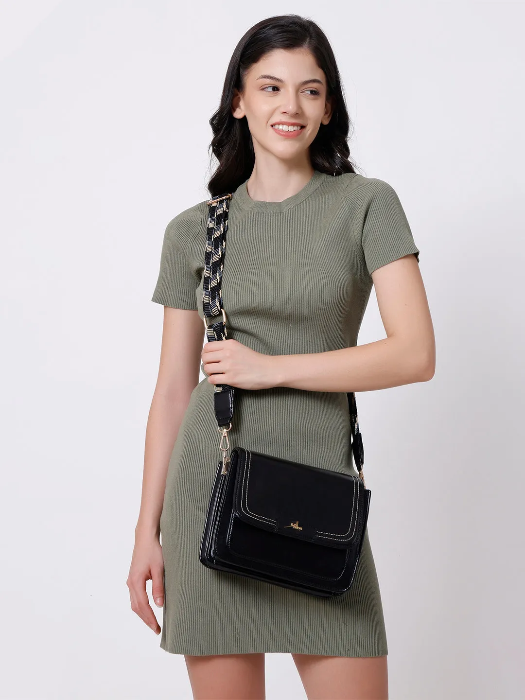 Black Multicompartment Sling Bag For Women