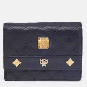 Black Quilted Leather Embellished Flap Compact Wallet