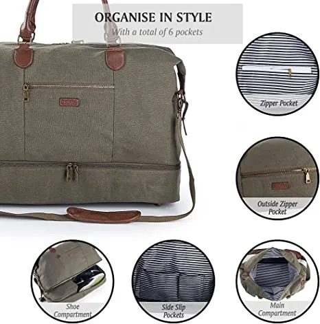 Canvas Travel Tote Luggage Men's Weekender Duffle Bag with Shoe compartment and Toiletry Bag (Army Green)