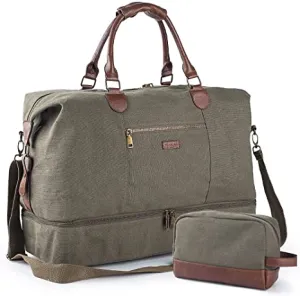 Canvas Travel Tote Luggage Men's Weekender Duffle Bag with Shoe compartment and Toiletry Bag (Army Green)