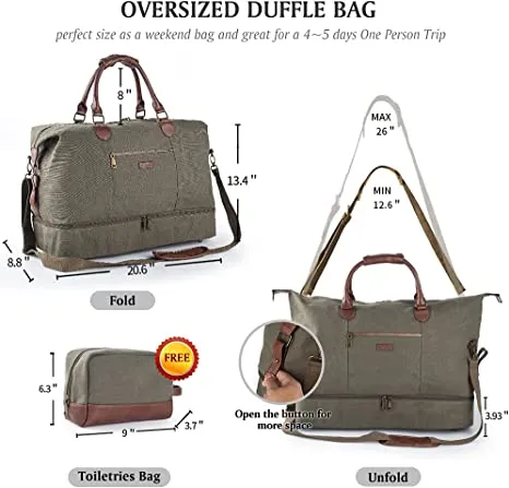 Canvas Travel Tote Luggage Men's Weekender Duffle Bag with Shoe compartment and Toiletry Bag (Army Green)