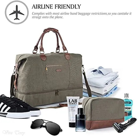 Canvas Travel Tote Luggage Men's Weekender Duffle Bag with Shoe compartment and Toiletry Bag (Army Green)