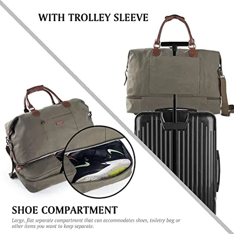 Canvas Travel Tote Luggage Men's Weekender Duffle Bag with Shoe compartment and Toiletry Bag (Army Green)