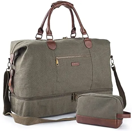 Canvas Travel Tote Luggage Men's Weekender Duffle Bag with Shoe compartment and Toiletry Bag (Army Green)