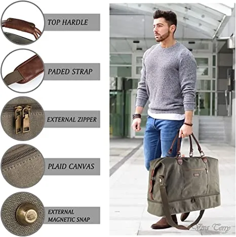 Canvas Travel Tote Luggage Men's Weekender Duffle Bag with Shoe compartment and Toiletry Bag (Army Green)