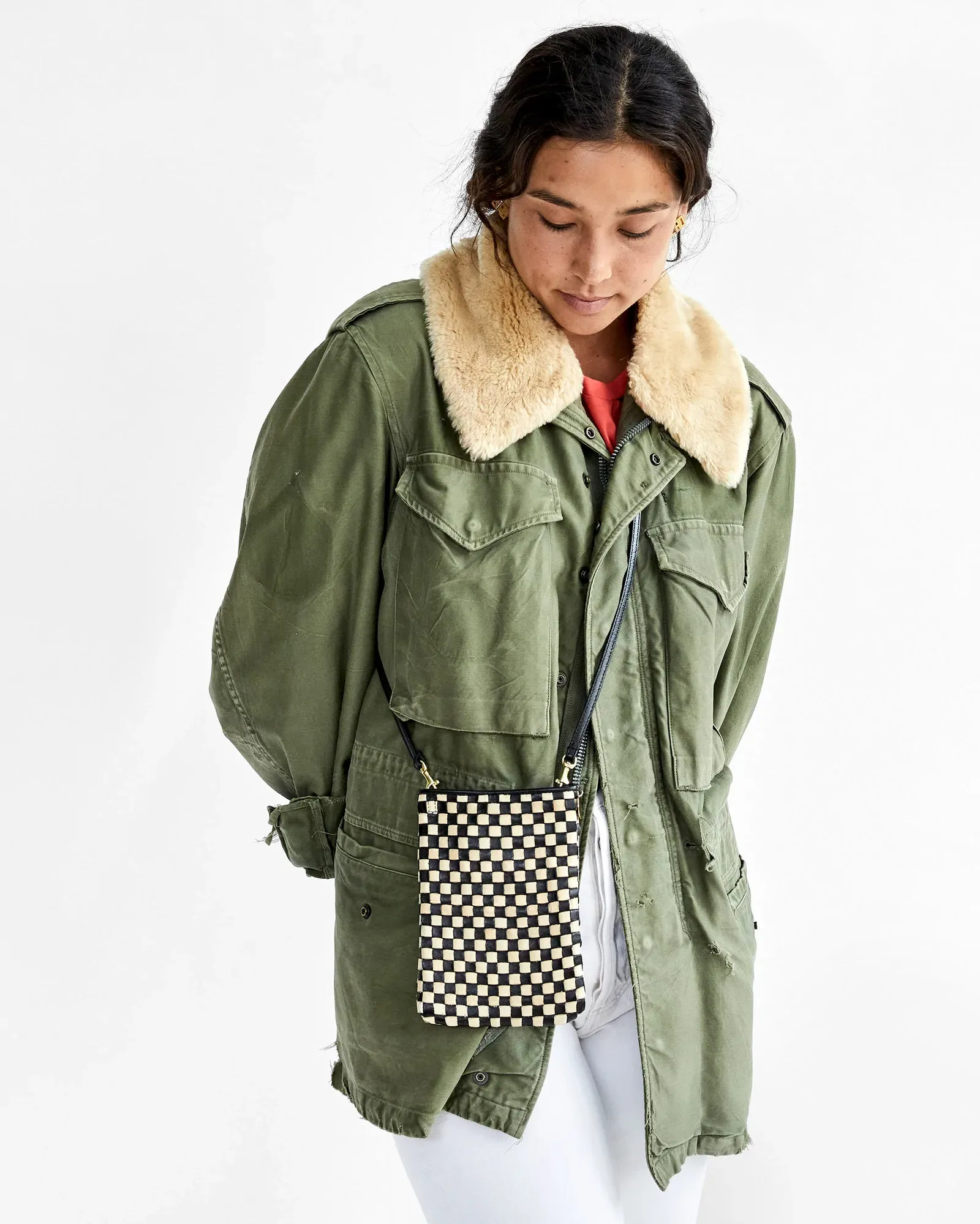 Clare V - Poche in Black & Cream Woven Checker