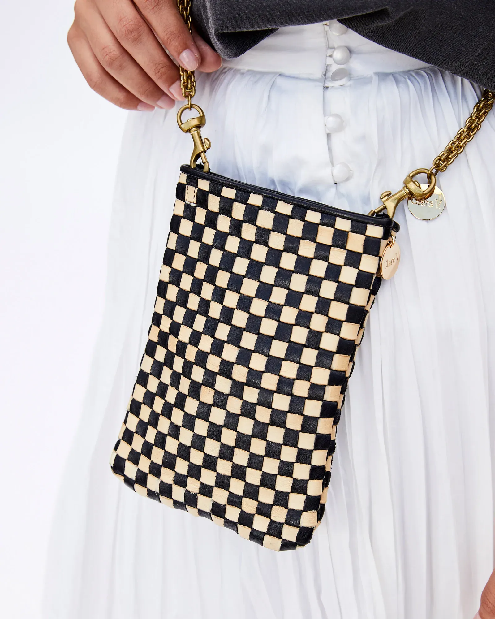 Clare V - Poche in Black & Cream Woven Checker