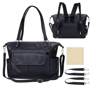 Diaper Bag Tote Fashion Leather Diaper Bag Backpack with 13 Pockets for Mom Dad, Large Travel Baby Bag Purse for Boys Girls with 3 Insulated Pockets, Changing Station - Black