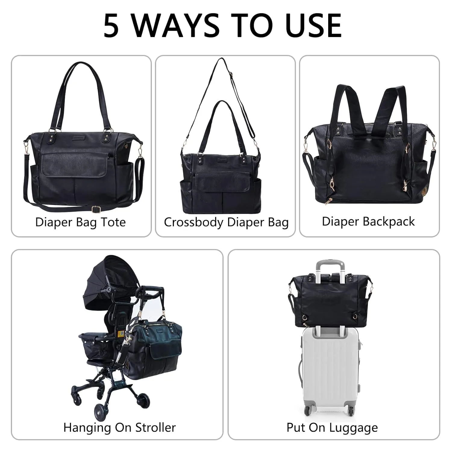 Diaper Bag Tote Fashion Leather Diaper Bag Backpack with 13 Pockets for Mom Dad, Large Travel Baby Bag Purse for Boys Girls with 3 Insulated Pockets, Changing Station - Black