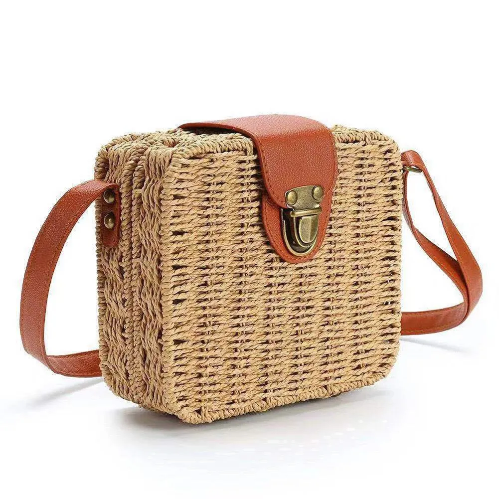 Fashion Girl Rattan Straw Bag Woven Square Handbag Crossbody Beach Summer Shoulder Bags