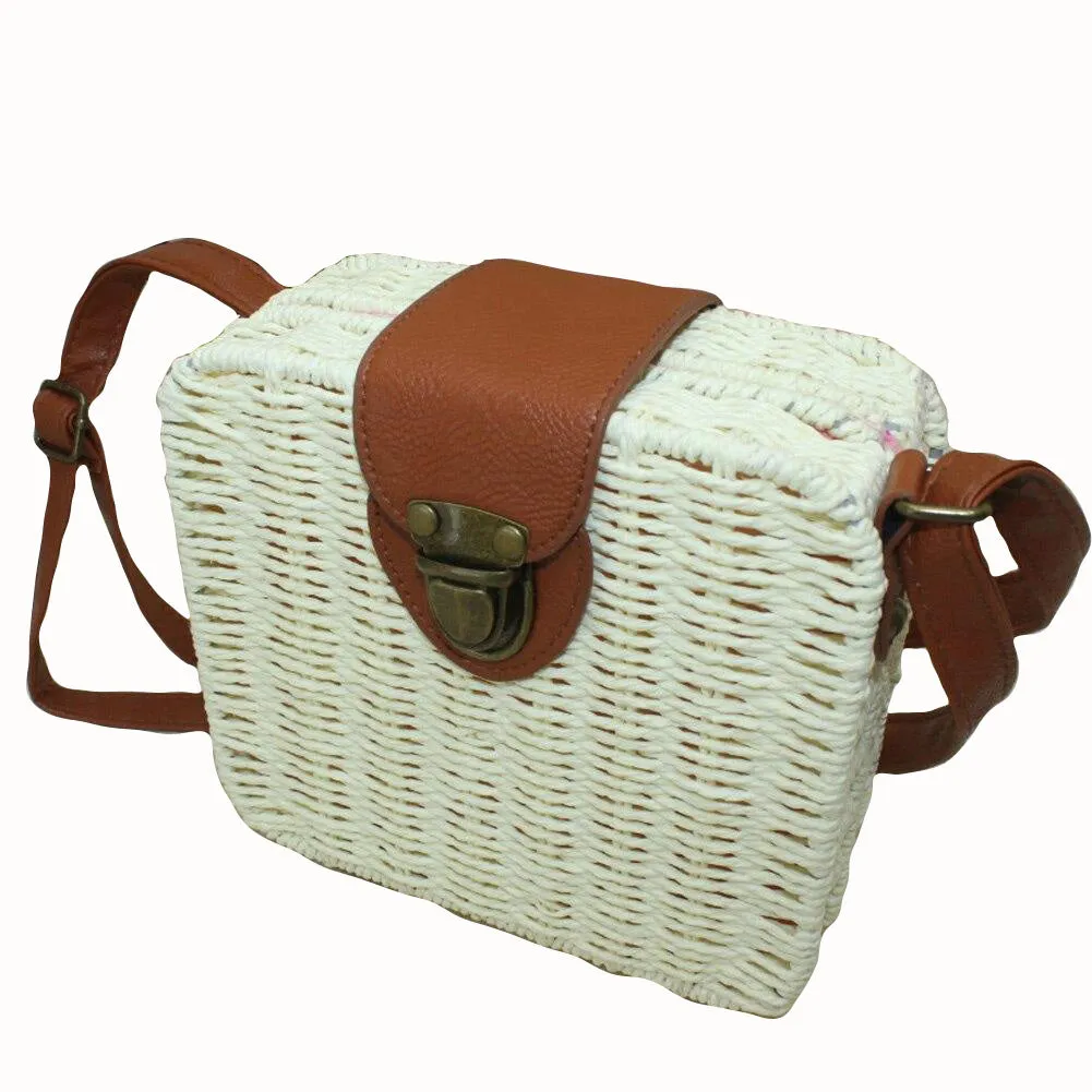 Fashion Girl Rattan Straw Bag Woven Square Handbag Crossbody Beach Summer Shoulder Bags