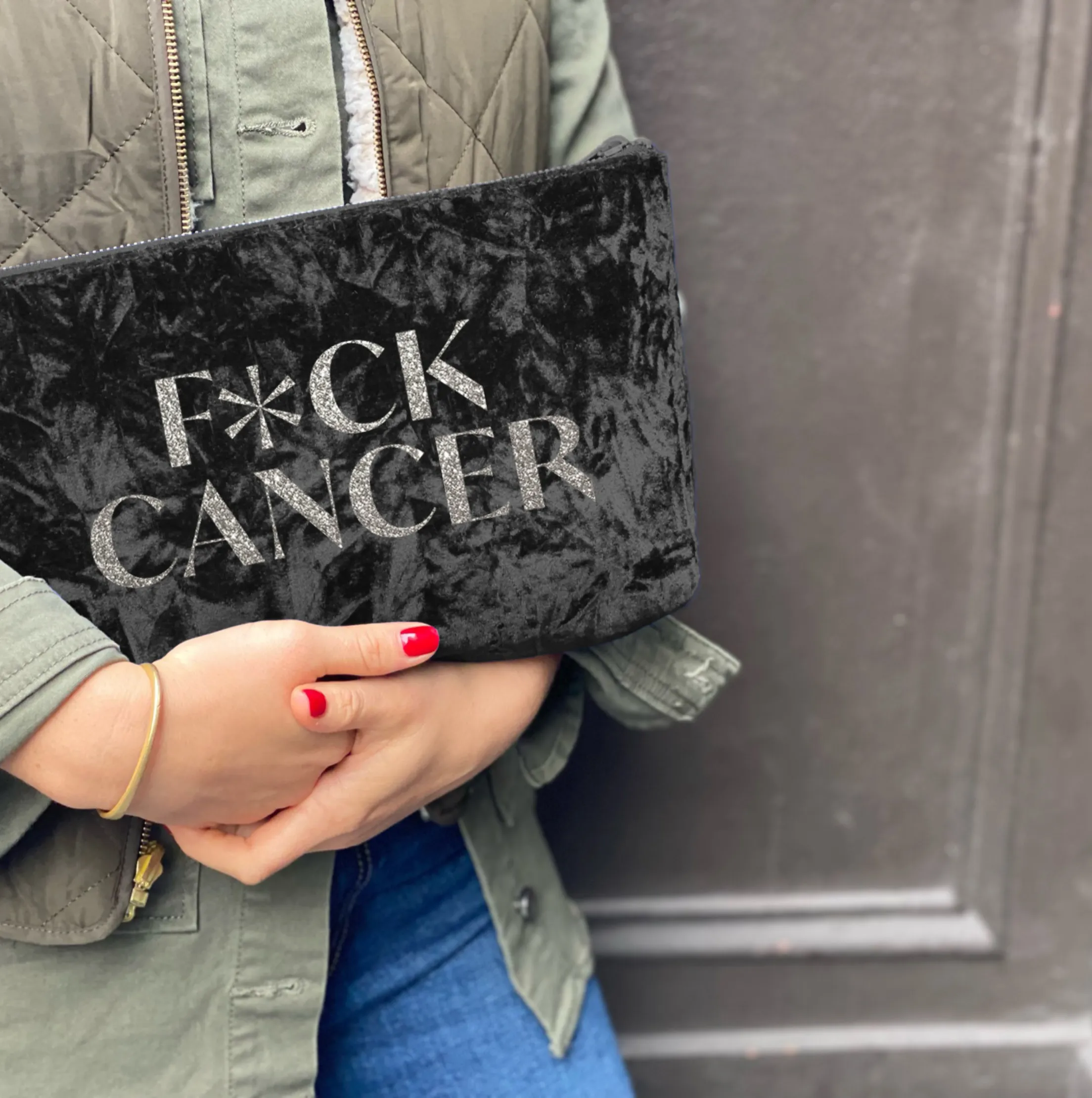 F*CK CANCER Clutch Bag- Silver Glitter on Black Crushed Velvet