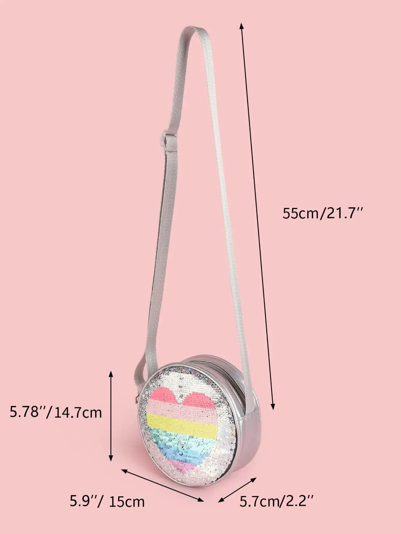 Girls Reversible Sequin Heart Pattern Round Bag, Cute Kids Messenger