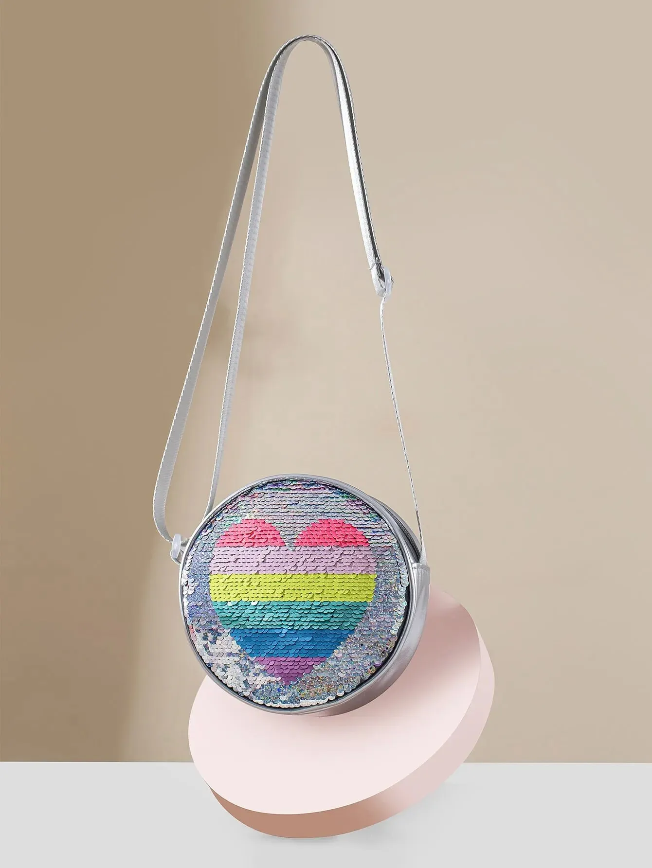 Girls Reversible Sequin Heart Pattern Round Bag, Cute Kids Messenger