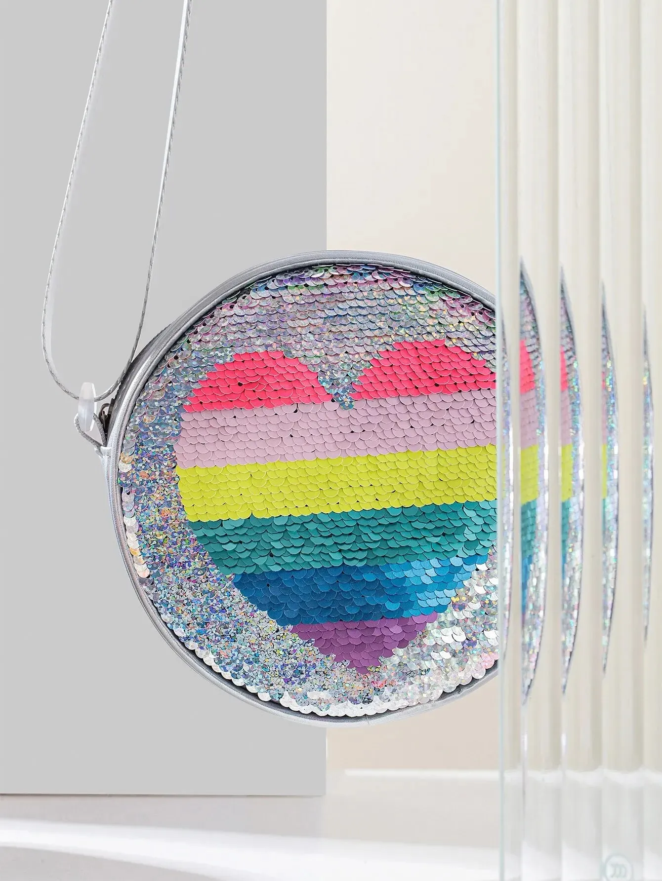 Girls Reversible Sequin Heart Pattern Round Bag, Cute Kids Messenger
