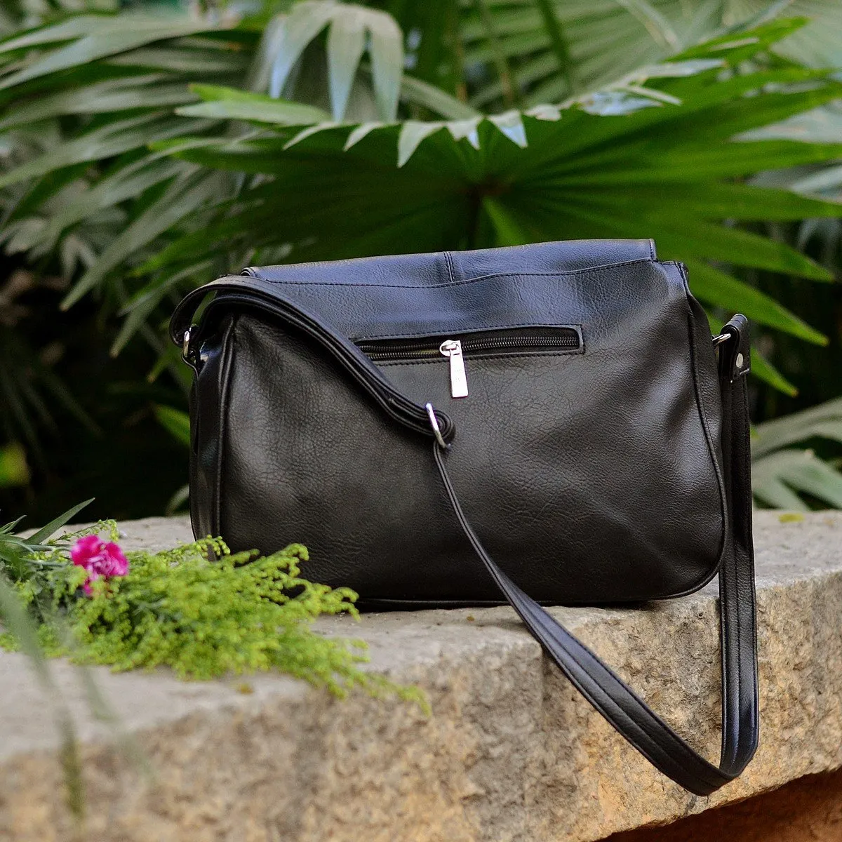 Handcrafted Faux Leather Women's Black Sling Bag