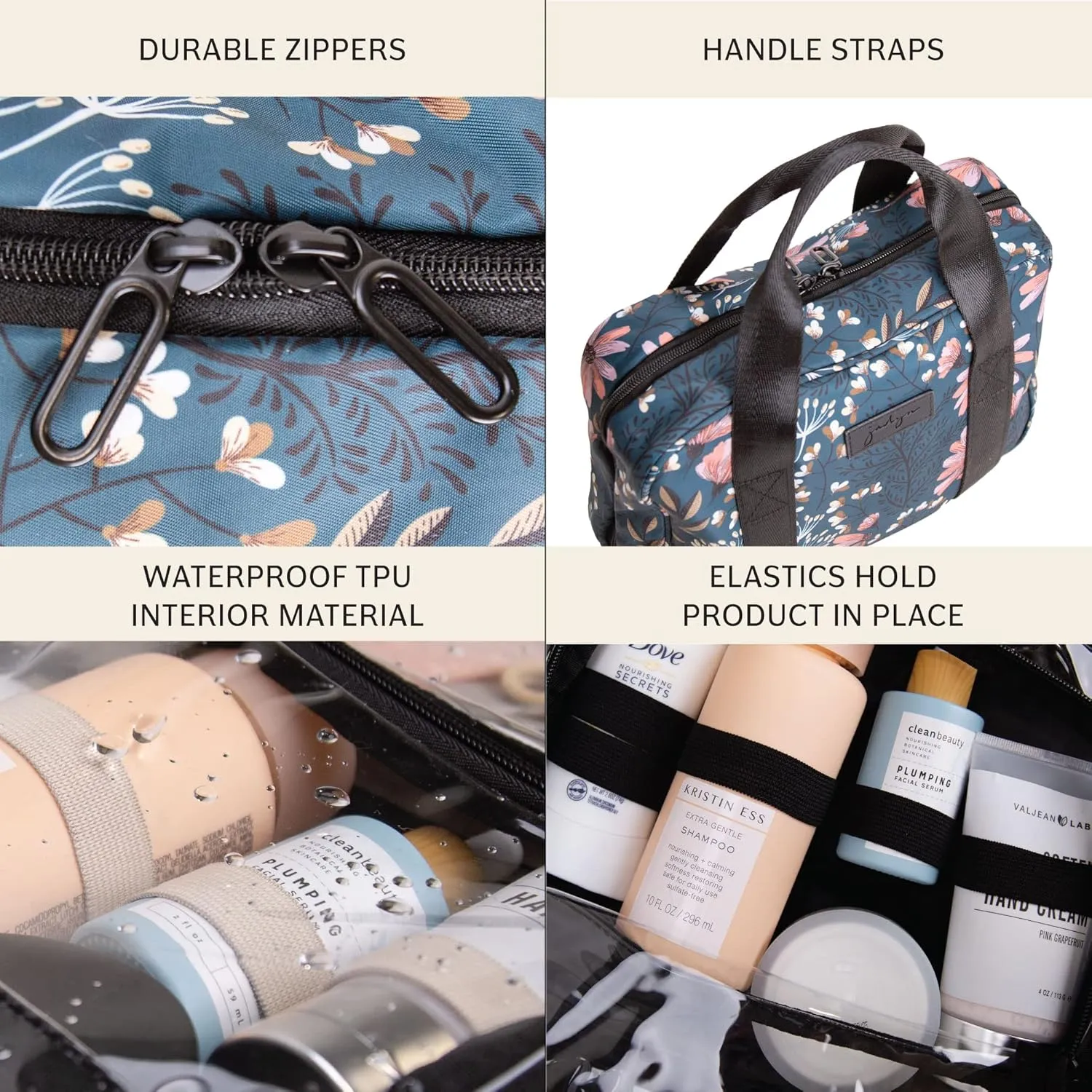 Jadyn Hanging Toiletry Bag, Expandable Toiletry Organizer for Women, Water Resistant Large Travel Cosmetic Bag for Full Size Makeup, Toiletries, Lotion, Shampoo, Accessories (Navy Floral)