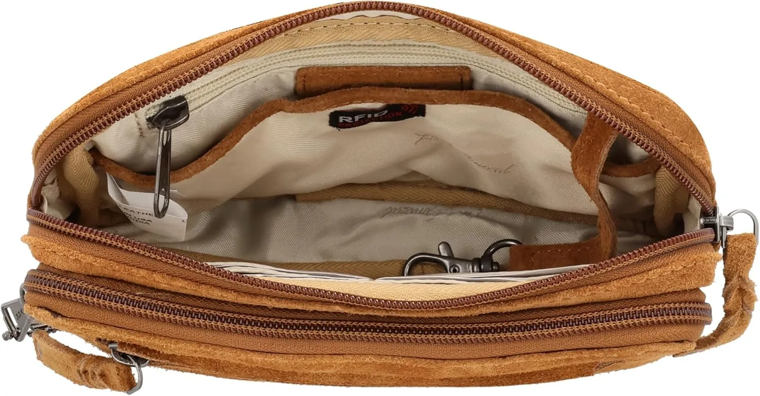 Kailey Concealed Self Defence Waist Bag by Lady Conceal - Buffalo or Suede Cowhide Leather, 3 Open Sides and Locking Zippers with Universal Holster (Chestnut) - 8" L x 5.5" H x 2.25"