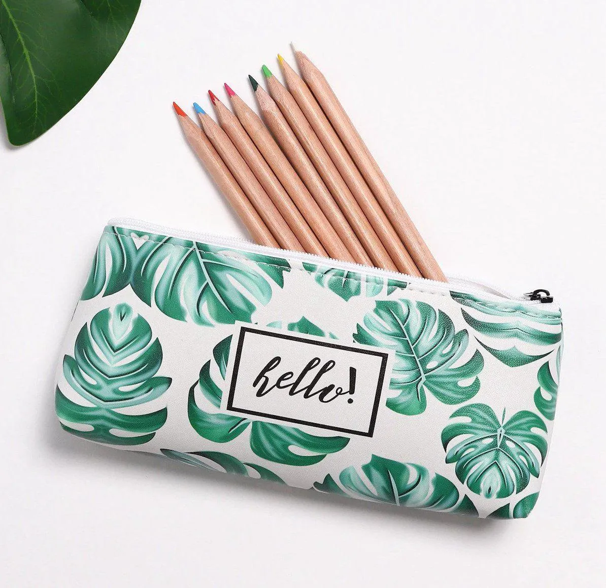 Leaf Print Pencil Case for Girls Cute PU Leather Pen Bag School Stationery Supplies