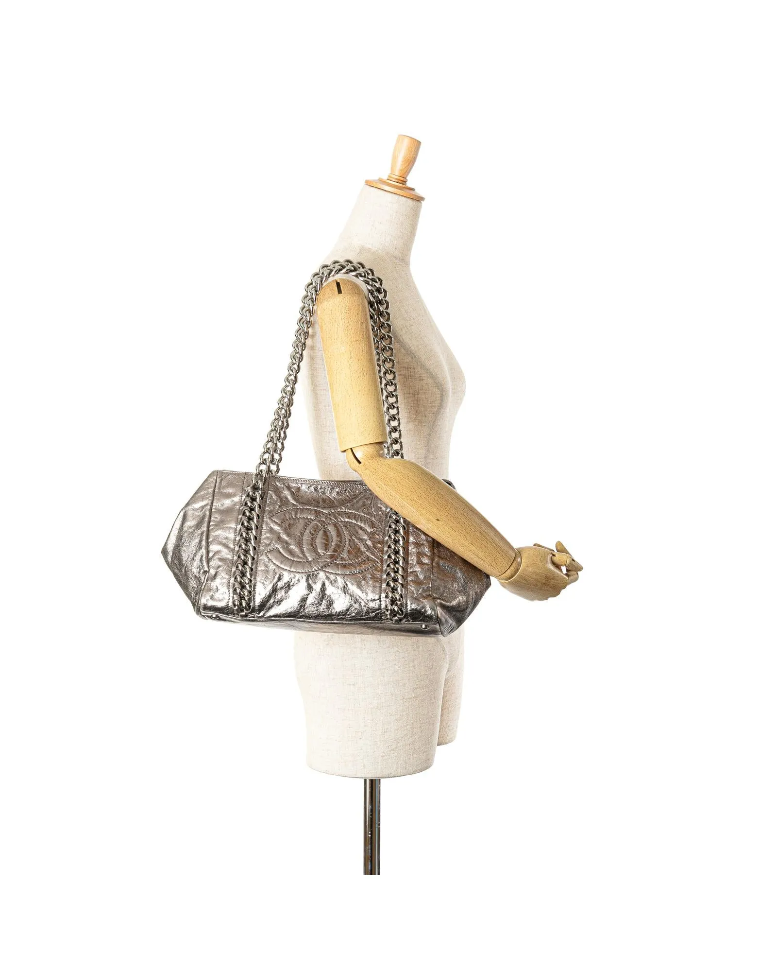 Metallic Calfskin Chain Tote with Silver-Tone Strap