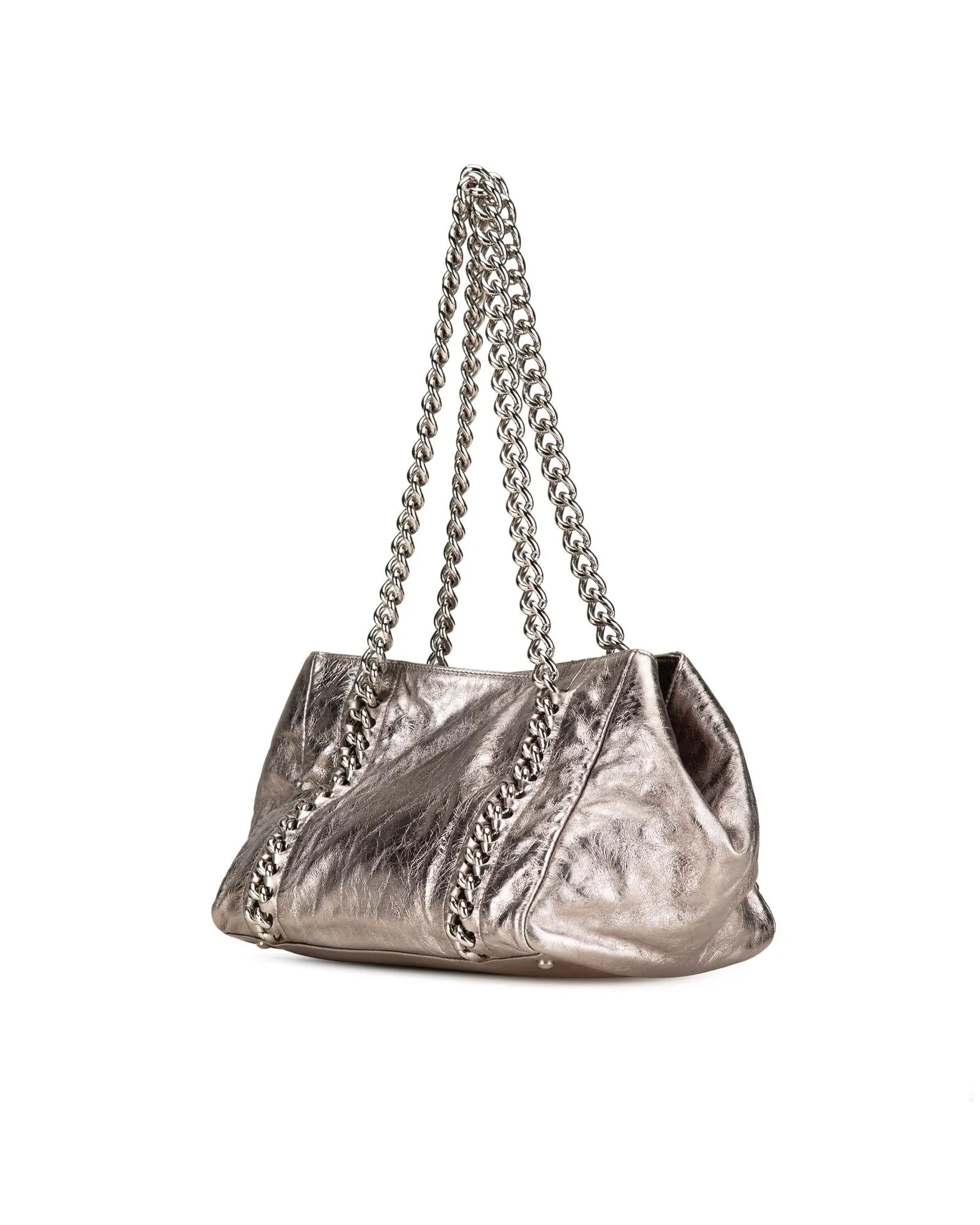 Metallic Calfskin Chain Tote with Silver-Tone Strap