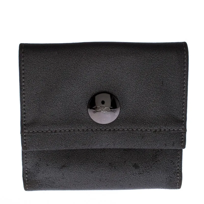 Metallic Grey Leather Flap Button Compact Wallet