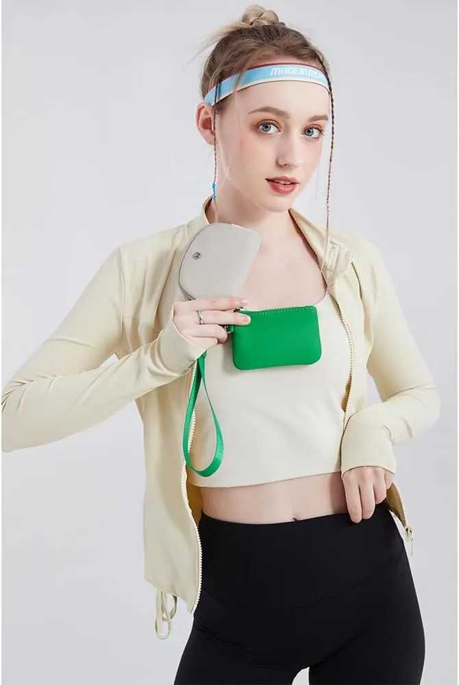 Mini Zip Around Wristlet Wallet for Women Detachable Dual Pouch Wristlet Portable Coin Pocket Keychain Small Purse (Green Grey)