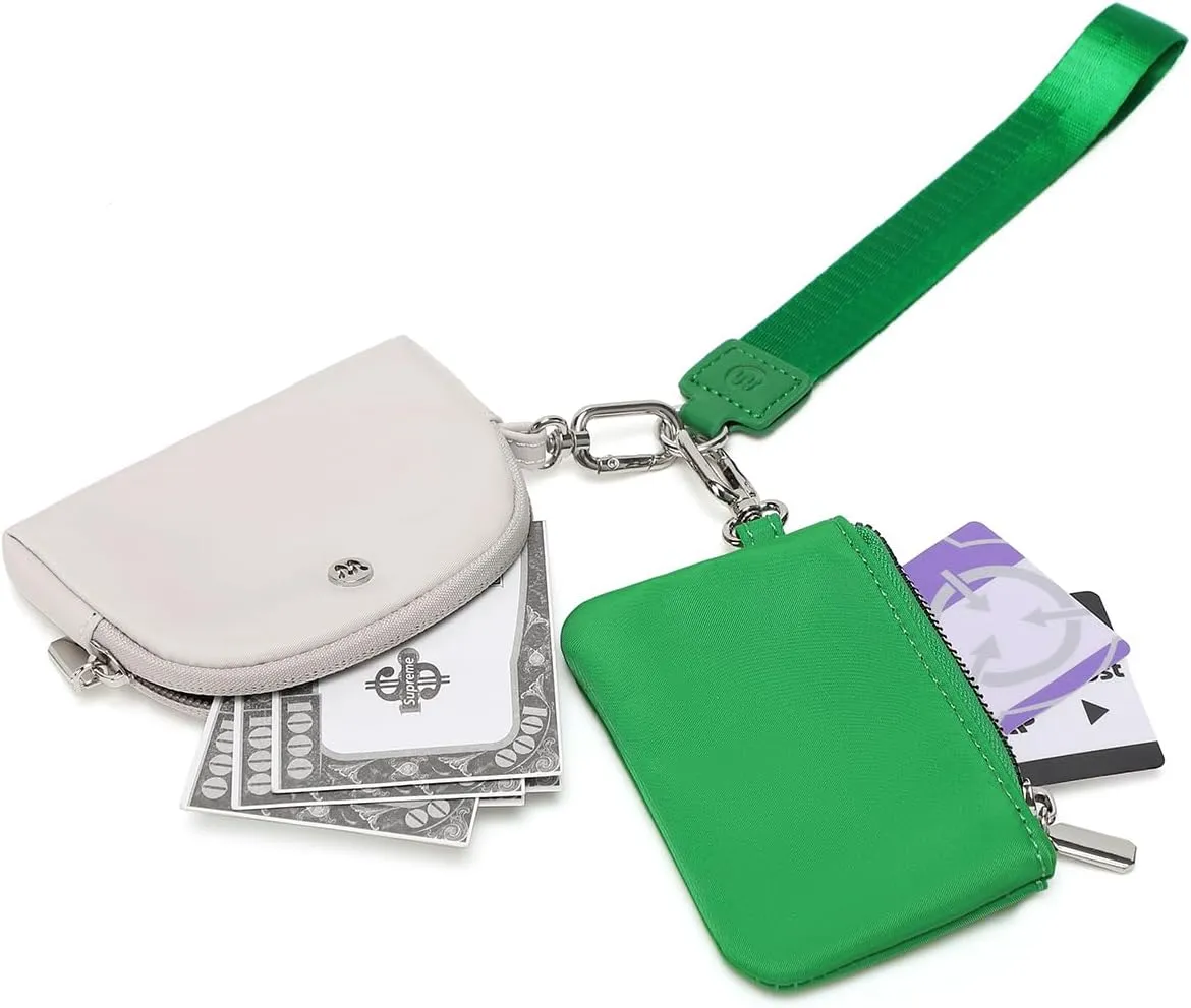Mini Zip Around Wristlet Wallet for Women Detachable Dual Pouch Wristlet Portable Coin Pocket Keychain Small Purse (Green Grey)