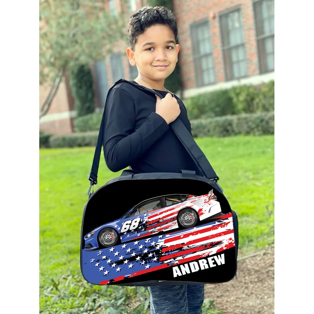 Personalized Full Color Backpacks, Lunch Bag, Duffel Bag, or Water Bottle - Americana Racing