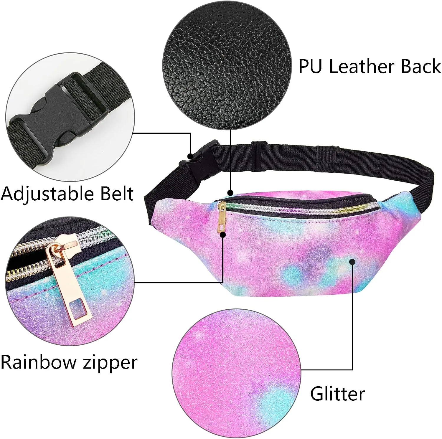 QtGirl Fanny Pack for Kids, Glitter Waist Bag Shiny Bags with Adjustable Belt for Children Sport Running, Camping, Trip