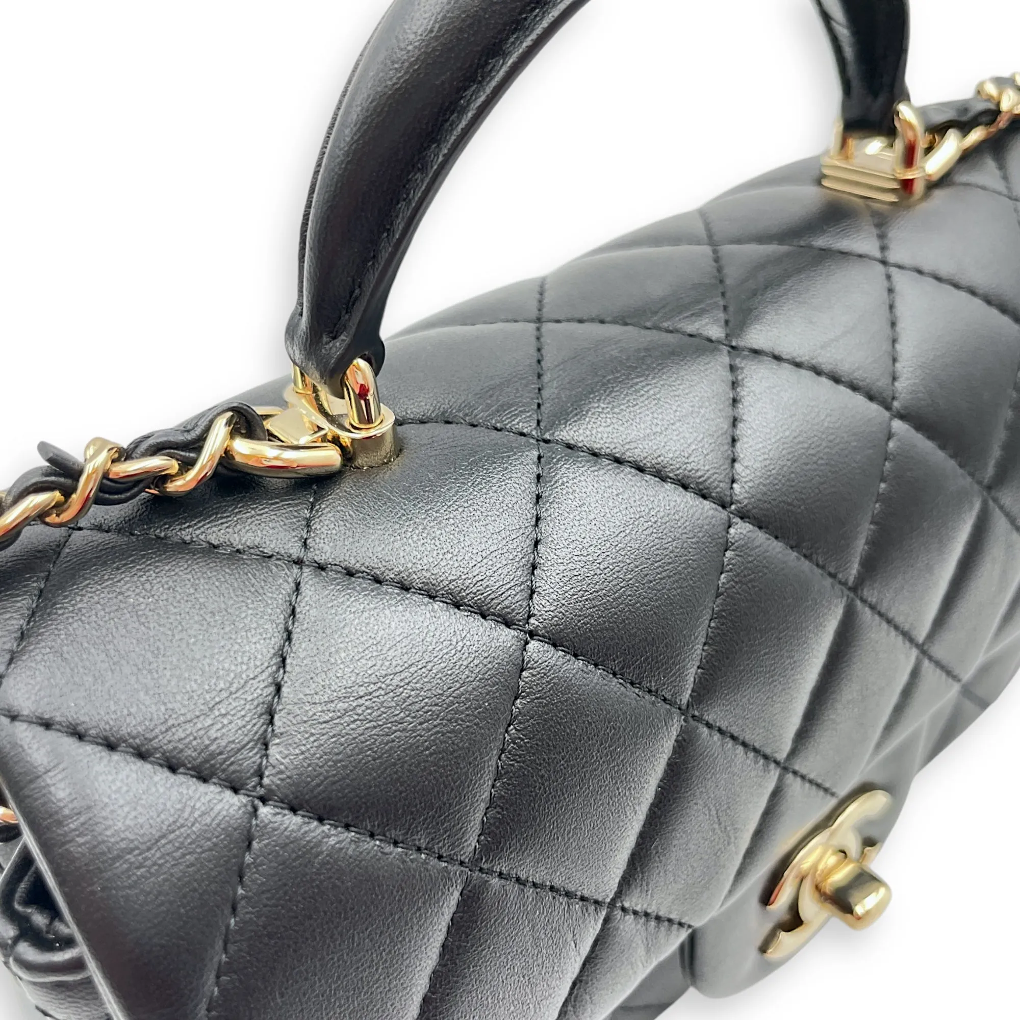 Rectangle Top Handle Mini Black Crossbody Bag in Lambskin, Gold hardware