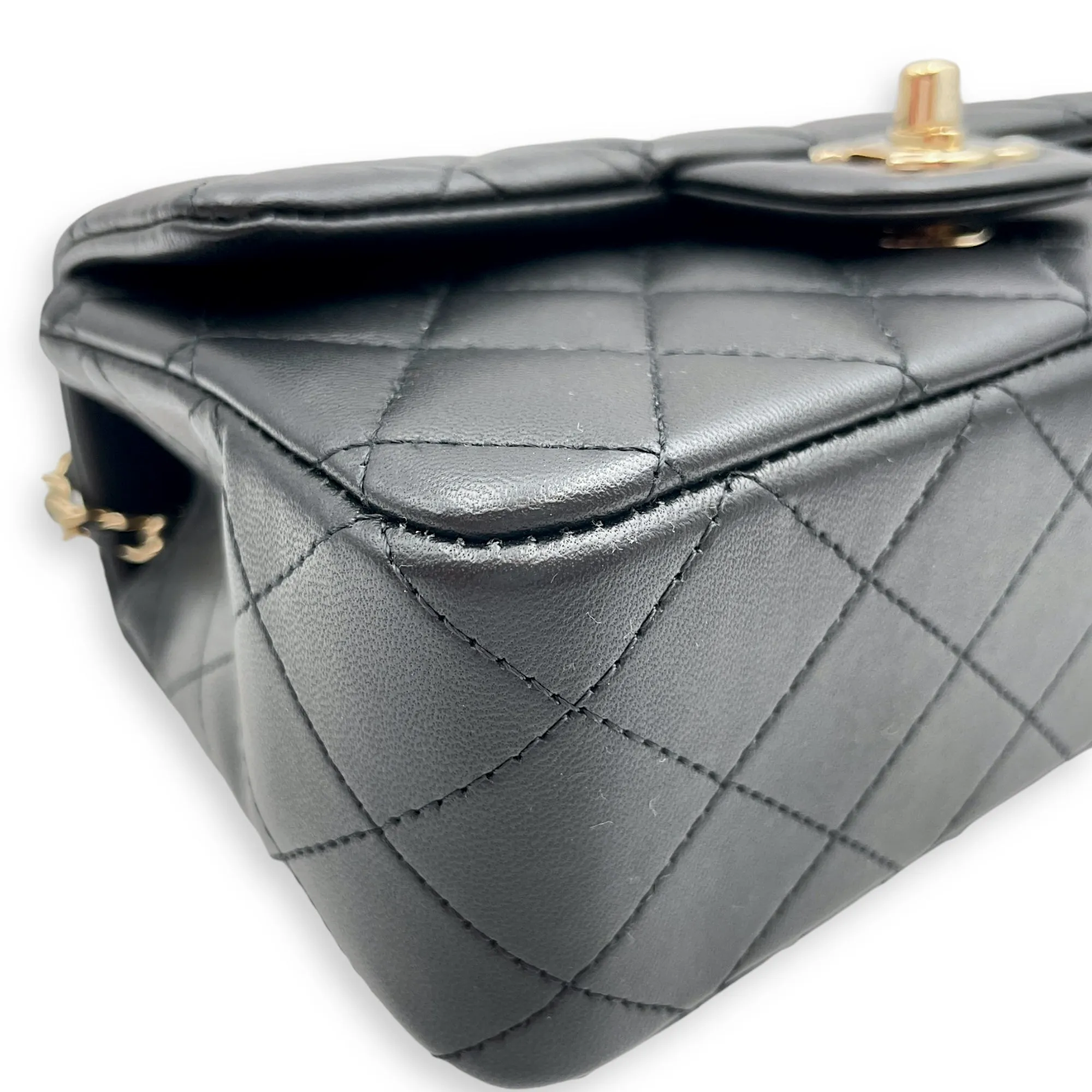 Rectangle Top Handle Mini Black Crossbody Bag in Lambskin, Gold hardware