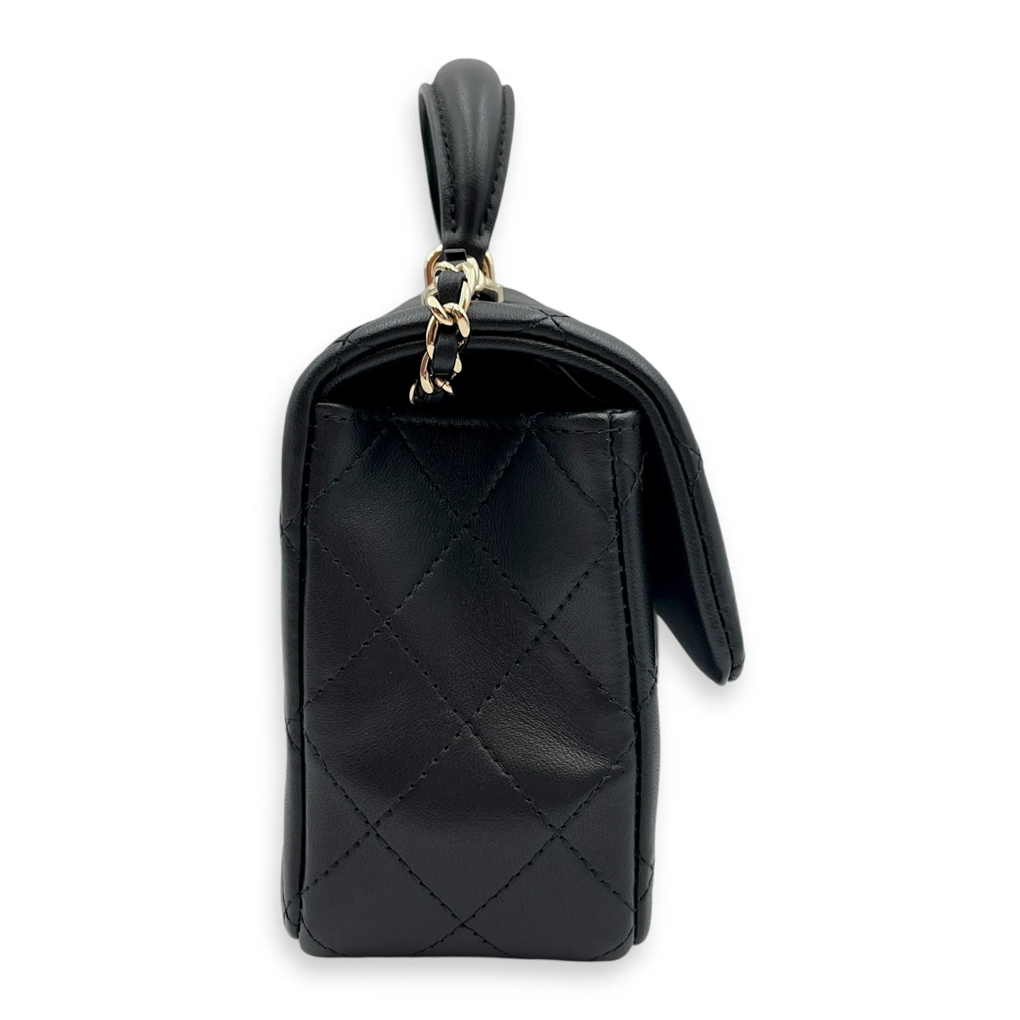 Rectangle Top Handle Mini Black Crossbody Bag in Lambskin, Gold hardware
