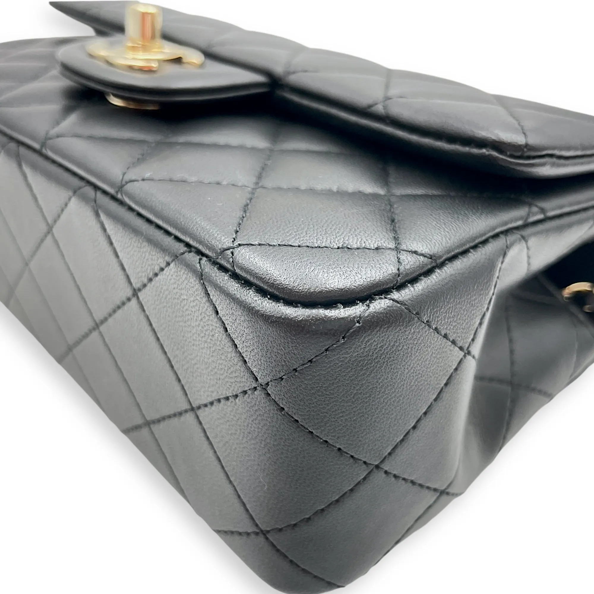 Rectangle Top Handle Mini Black Crossbody Bag in Lambskin, Gold hardware