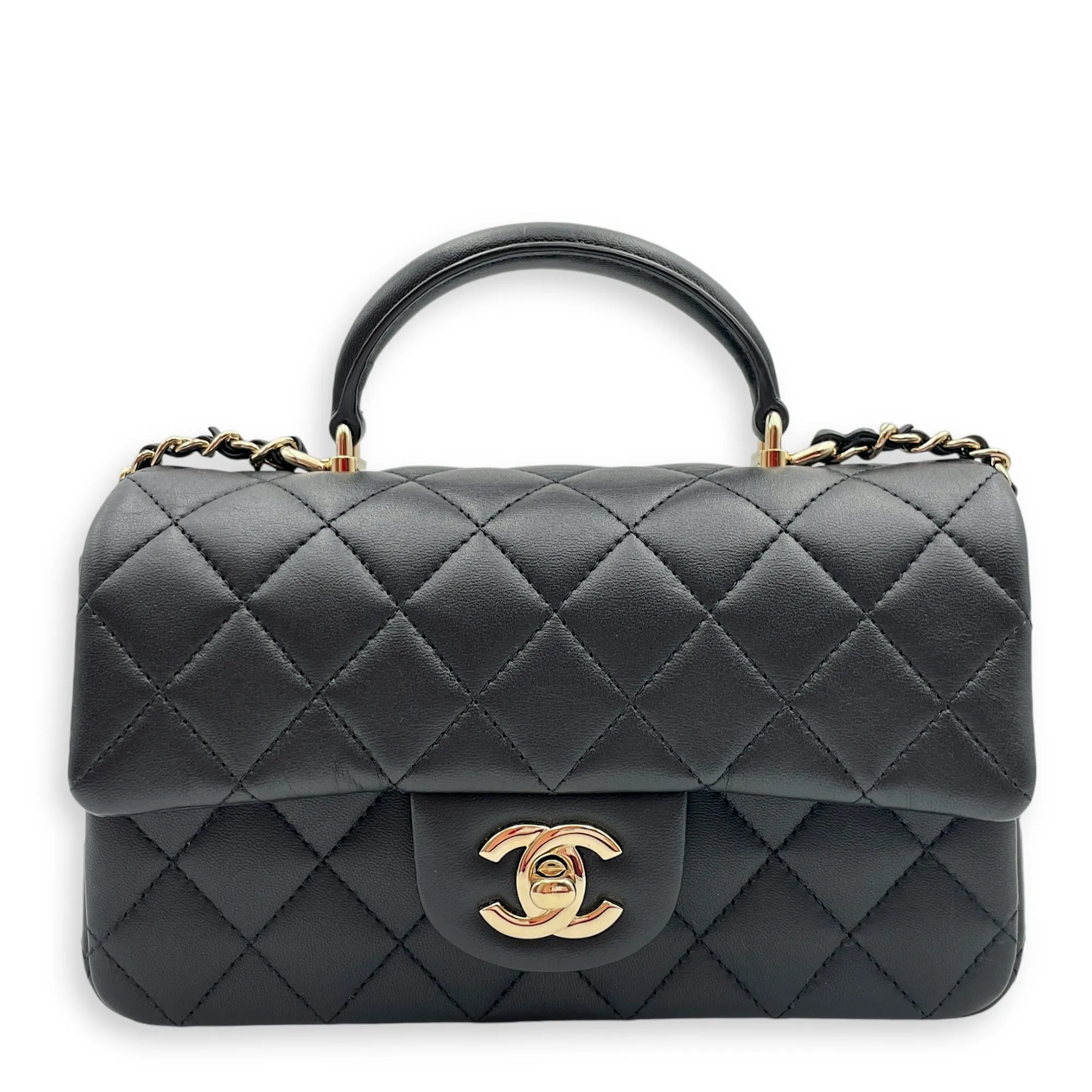 Rectangle Top Handle Mini Black Crossbody Bag in Lambskin, Gold hardware