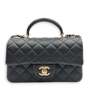 Rectangle Top Handle Mini Black Crossbody Bag in Lambskin, Gold hardware