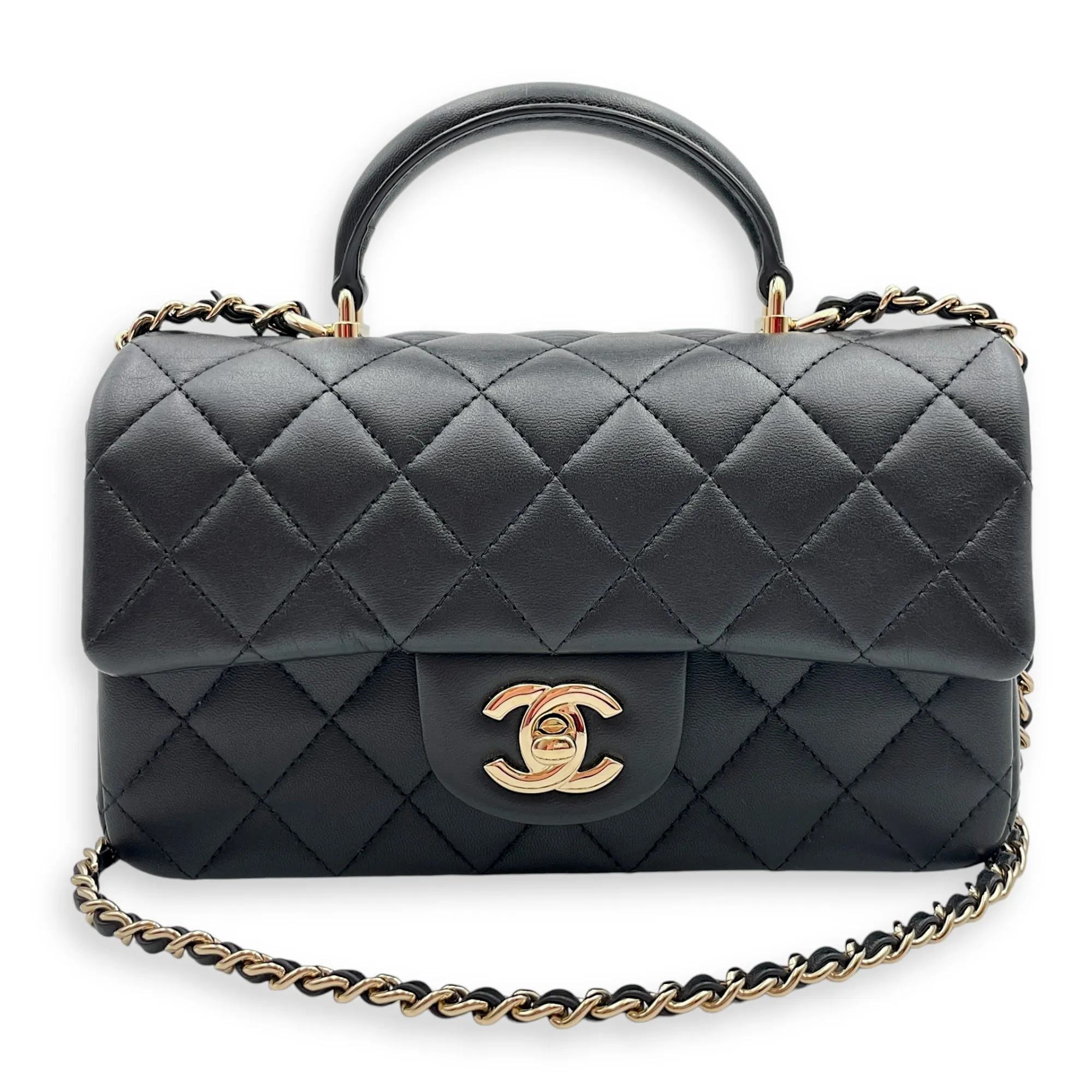 Rectangle Top Handle Mini Black Crossbody Bag in Lambskin, Gold hardware