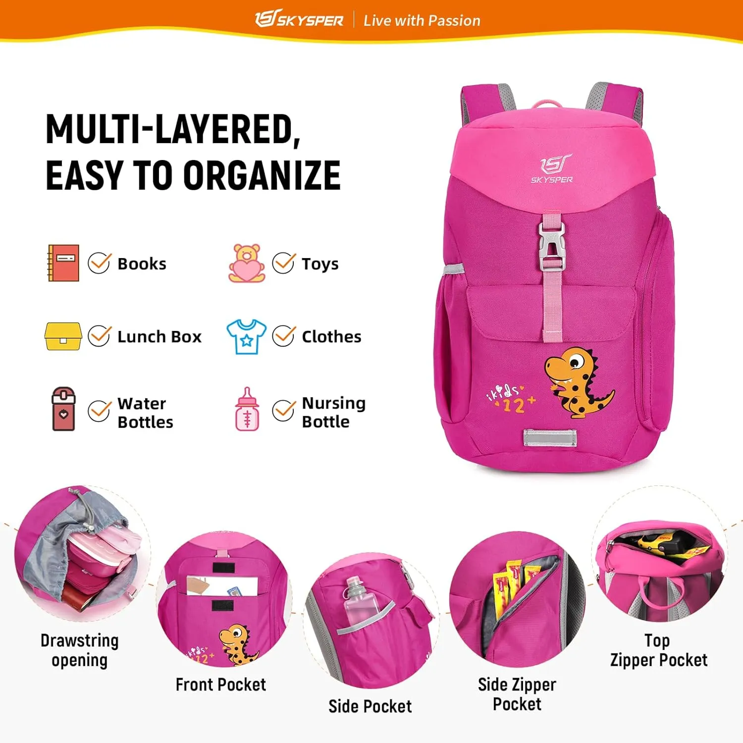 SKYSPER Kids Backpack 12L Small Kids Travel Backpack Children Kindergarten Daypack for Girls Boys Kid School Back Pack for Daytrip Outdoor Camping (Pink)