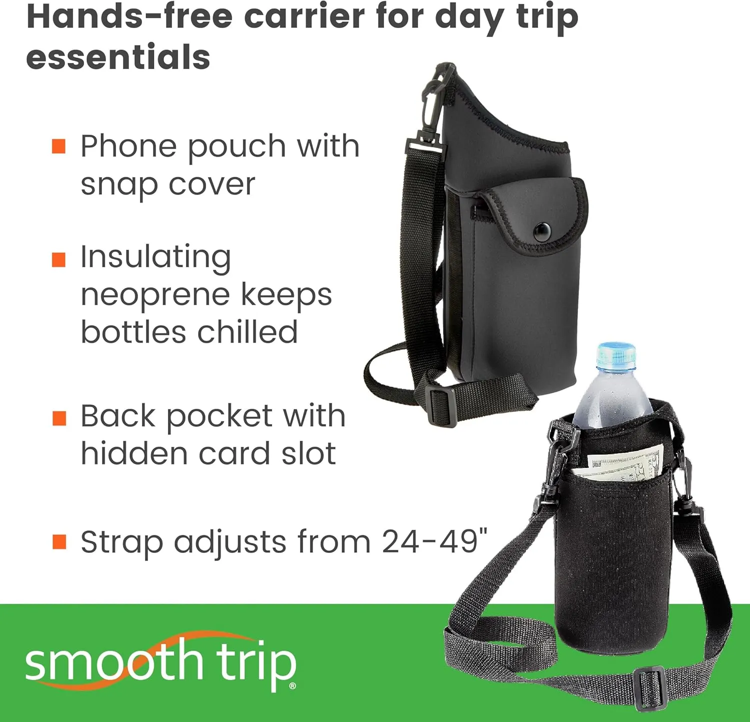 Smooth Trip AquaPockets Water Bottle Holder - Insulating Neoprene Sling Bag With Phone Pouch and Adjustable Strap for Walking and Hiking - Fits up to 32 oz. Bottles